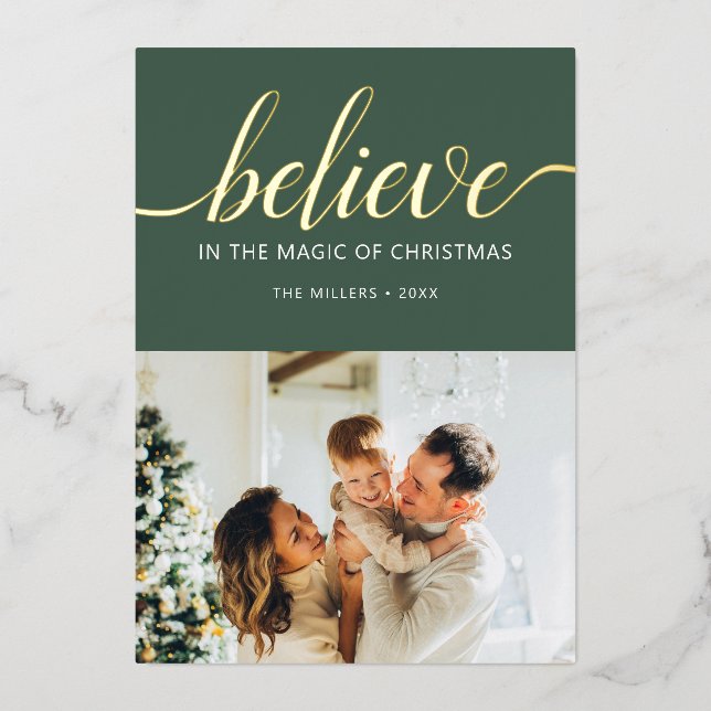 Believe Christmas Script Photo Green Foil Holiday Card (Front)