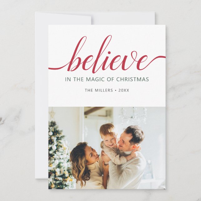 Believe Christmas Script Photo White Holiday Card (Front)