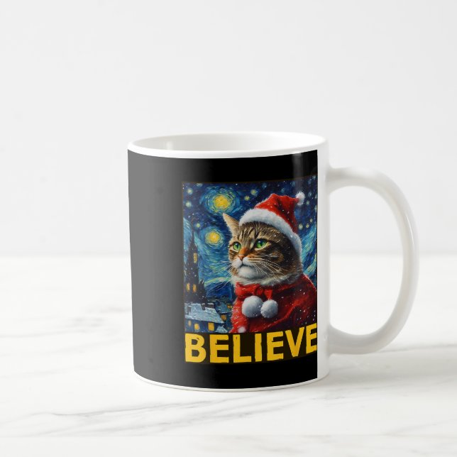 Believe Christmas Shirt Starry Night Van Gogh Cat  Coffee Mug (Right)