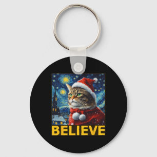 Believe Christmas Shirt Starry Night Van Gogh Cat  Key Ring