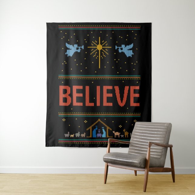 BELIEVE Christmas Sweater Christian God Jesus Tapestry (In Situ)