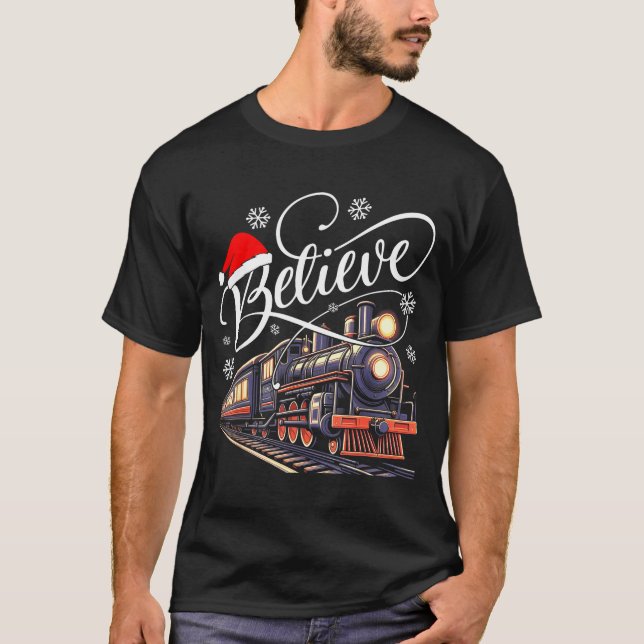 Believe Christmas Trains Xmas Santa Family Pajamas T-Shirt (Front)