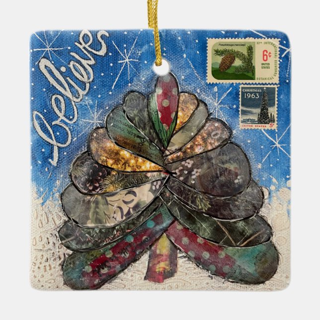 Believe Christmas Tree and Stamps Ceramic Ornament (Front)