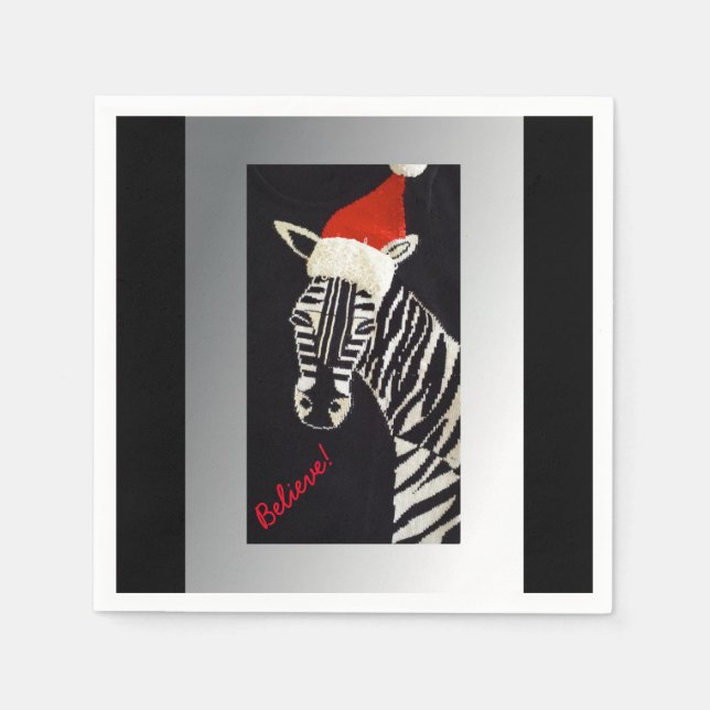 Believe! Christmas Zebra with Red Santa Hat Napkin (Front)