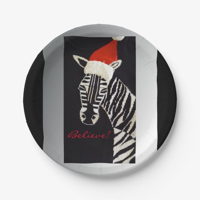 Believe! Christmas Zebra with Red Santa Hat Paper Plate (Front)