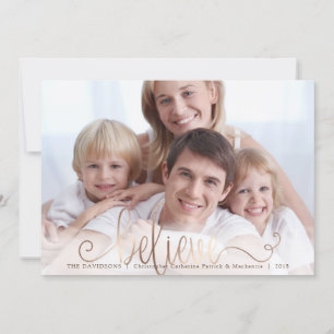 BELIEVE Copper Blush Handwritten Script One Photo Holiday Card