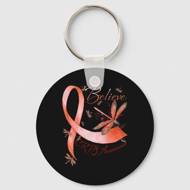 Believe CRPS Awareness Orange Ribbon Dragonfly Lov Key Ring (Front)