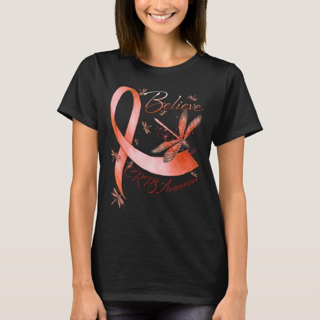Believe CRPS Awareness Orange Ribbon Dragonfly Lov T-Shirt (Front)