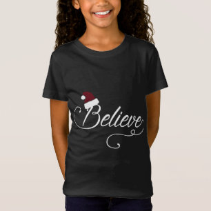 Believe Cursive Wearing Santa Hat Christmas T-Shirt