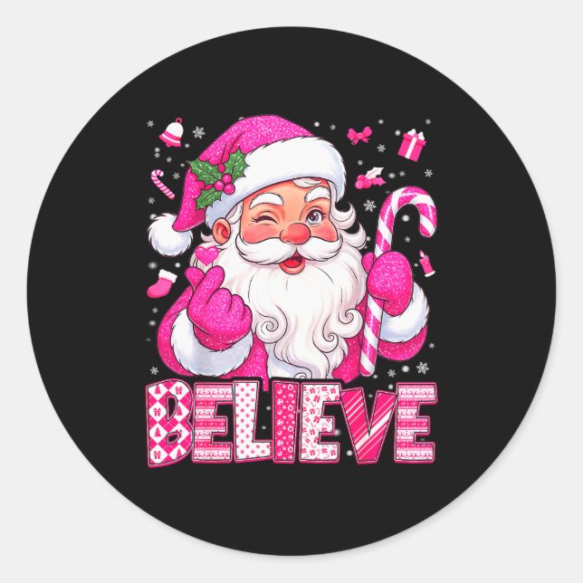 Believe Cute Nk Santa Candy Cane Christmas Xmas Gi Classic Round Sticker (Front)