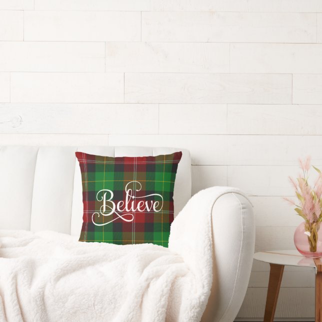 Believe Decorative White Script Red Green Tartan Cushion (Couch)