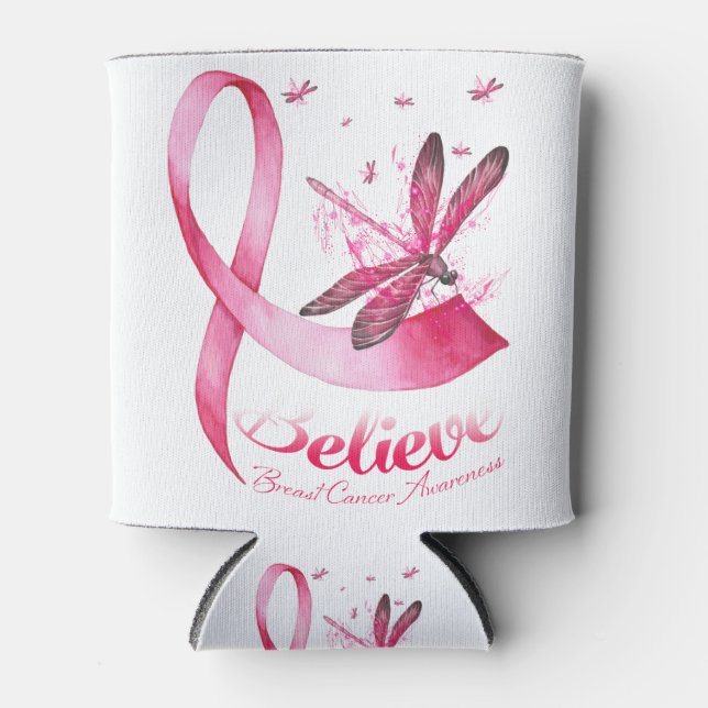 Believe Dragonfly Pink Ribbon Breast Cancer Can Cooler (Front)
