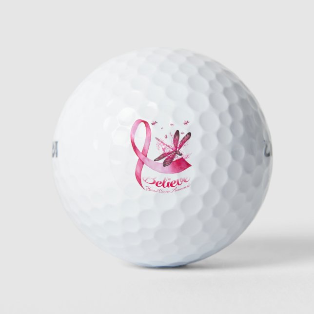 Believe Dragonfly Pink Ribbon Breast Cancer Golf Balls (Front)