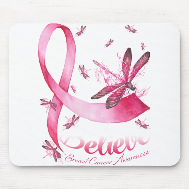 Believe Dragonfly Pink Ribbon Breast Cancer Mouse Mat (Front)