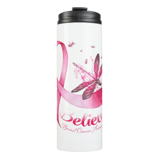 Believe Dragonfly Pink Ribbon Breast Cancer Thermal Tumbler (Front)