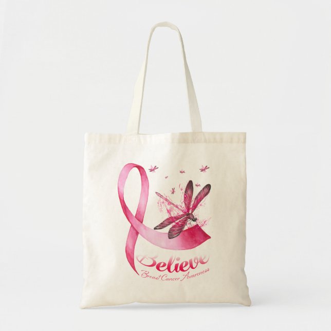 Believe Dragonfly Pink Ribbon Breast Cancer Tote Bag (Front)