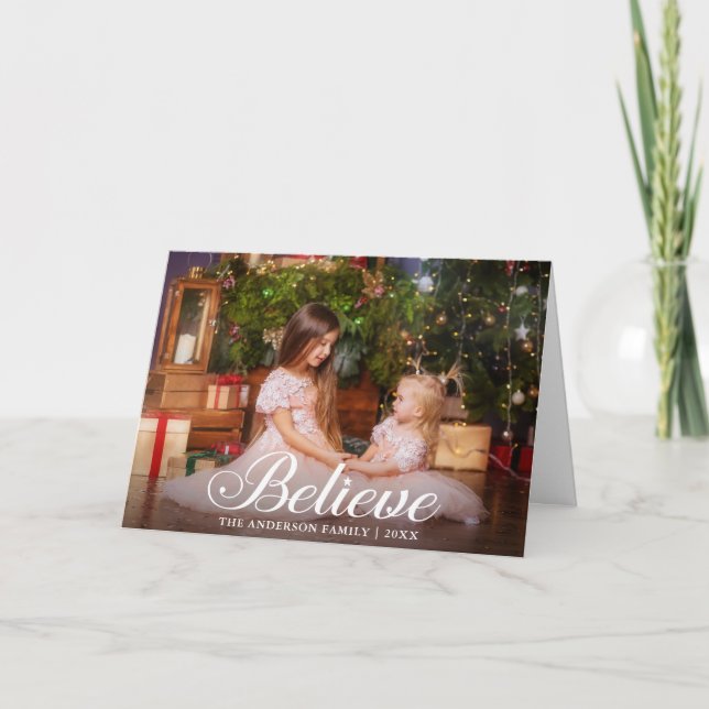 Believe Elegant Calligraphy Family Photo Folded Holiday Card (Front)