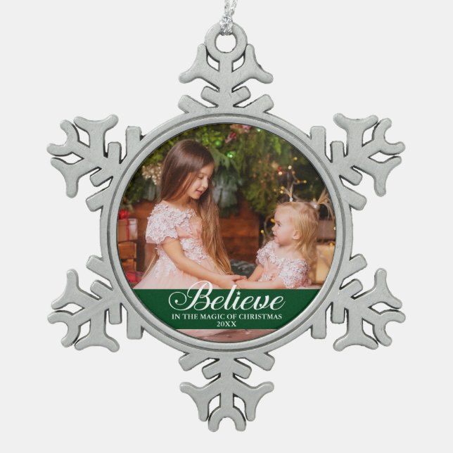 Believe Elegant Calligraphy Family Photo Green Snowflake Pewter Christmas Ornament (Front)