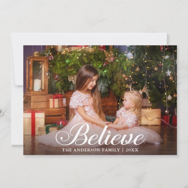 Believe Elegant Calligraphy Family Photo Holiday Card (Front)