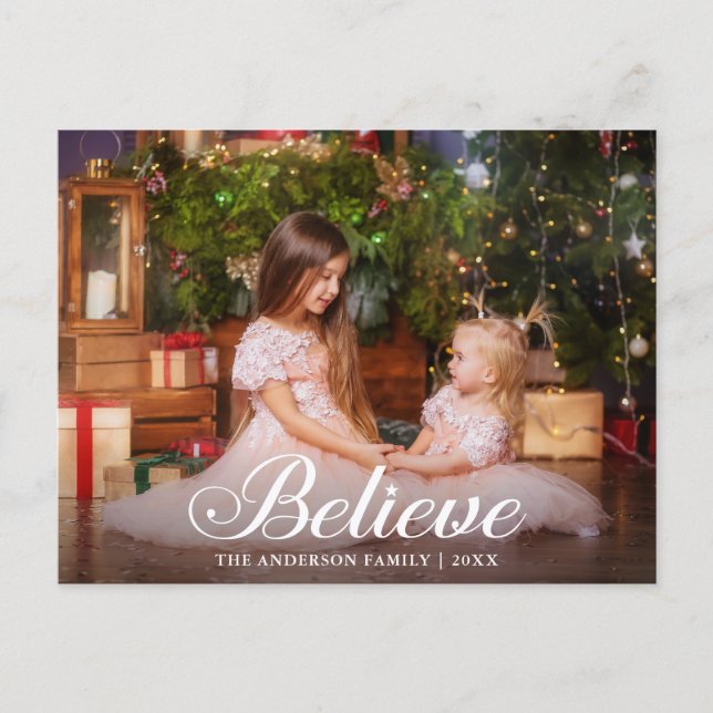 Believe Elegant Calligraphy Family Photo Holiday Postcard (Front)