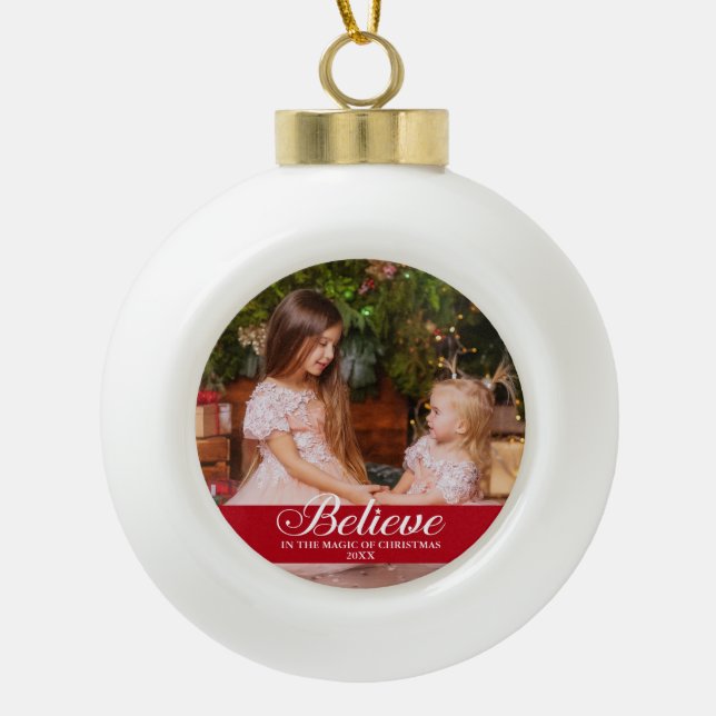 Believe Elegant Calligraphy Family Photo Red Ceramic Ball Christmas Ornament (Front)
