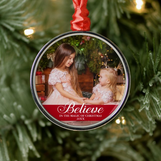 Believe Elegant Calligraphy Family Photo Red Metal Tree Decoration (Tree)