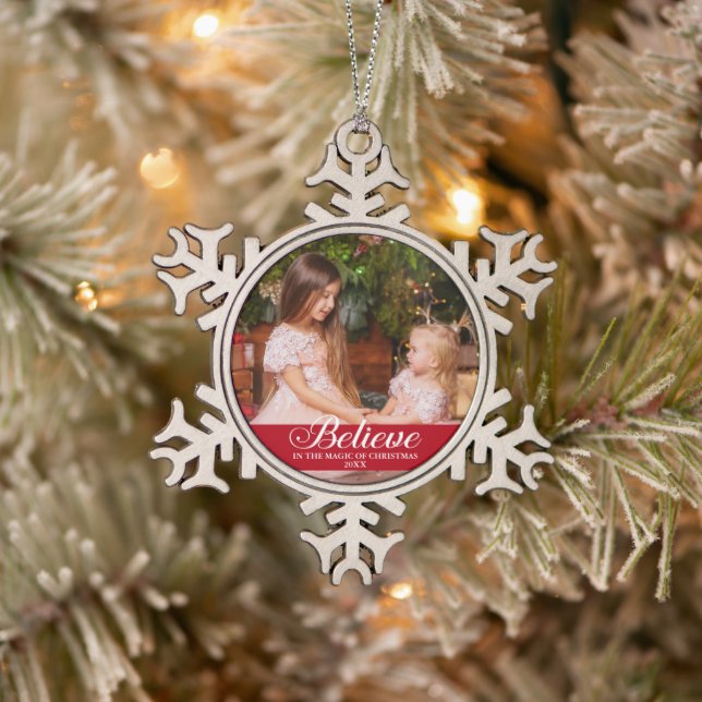 Believe Elegant Calligraphy Family Photo Red Snowflake Pewter Christmas Ornament (Tree)