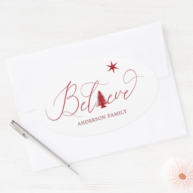 believe elegant script decorative holiday envelope oval sticker (Envelope)