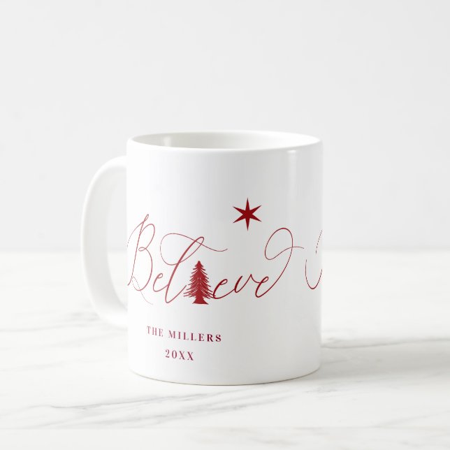 Believe elegant script monogram holiday mug (Front Left)