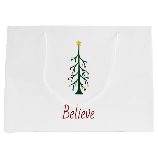 Believe Evergreen Tree Holiday Christmas Present   Large Gift Bag (Front)