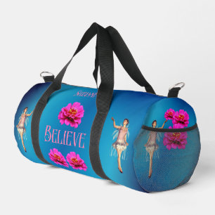 Believe Fairy And Pink Flowers Inspirational Duffle Bag