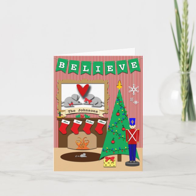 Believe Family Photo Custom Christmas 4 Stockings Holiday Card (Front)