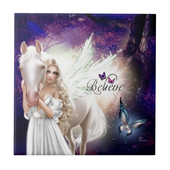 Believe Fantasy Fairy Angel with White Horse Tile (Front)