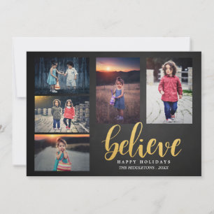 Believe Faux Gold Chalkboard Holiday Five Photos Card
