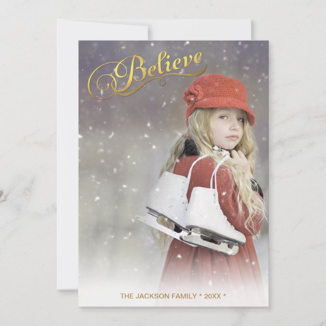 BELIEVE Faux Gold Foil Chic Holiday Photo (Front)