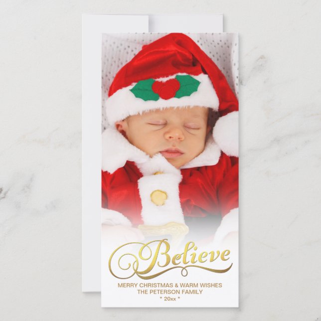 BELIEVE Faux Gold Foil Christmas Photo Card (Front)