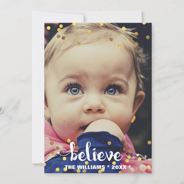 BELIEVE Faux Gold Foil Confetti Holiday Photo (Front)