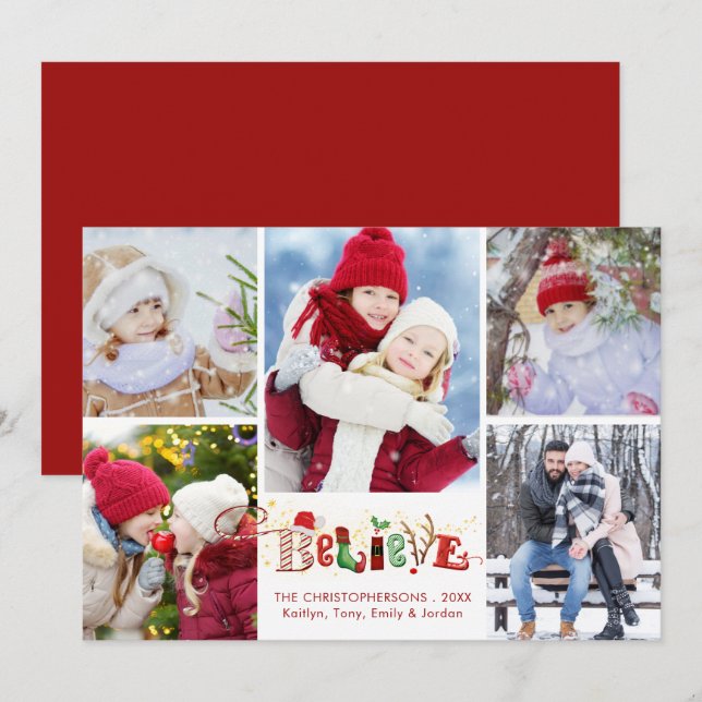 BELIEVE Festive Christmas Typography 5 Photo Holiday Card (Front/Back)