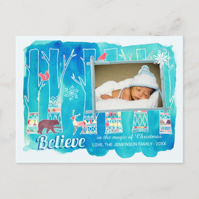 Believe Festive Woodland Watercolor Holiday Photo (Front)