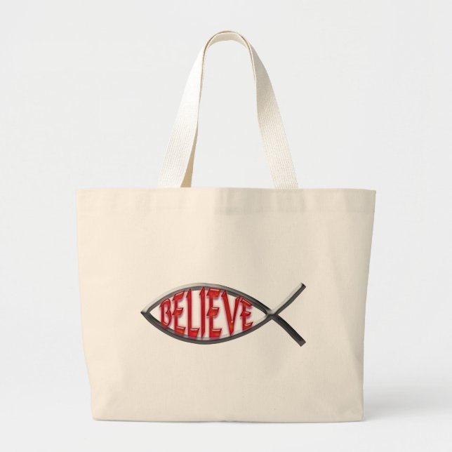 Believe Fish- Red Large Tote Bag (Front)
