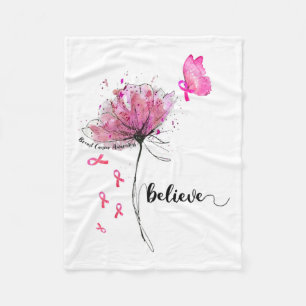 Believe Flower Butterfly Pink Ribbon Breast Cancer Fleece Blanket