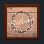 Believe Gift Box<br><div class="desc">Believe text design for Christmas with wreath and snow decoration on rustic wooden background</div>