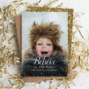 Believe Glitz Faux Glitter Photo Overlay Holiday Card