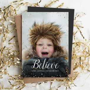 Believe Glitz Faux Glitter Photo Overlay Holiday Card