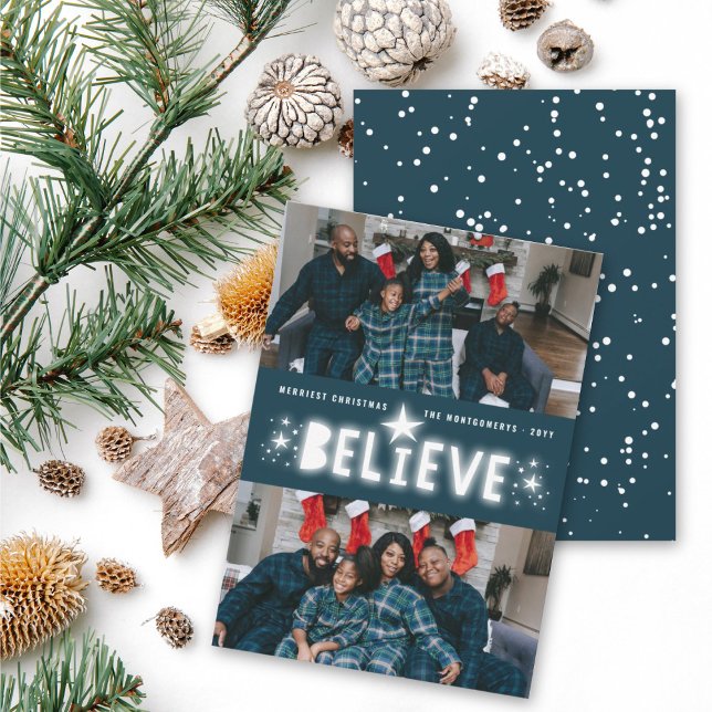 Believe Glowing Stars Religious Christmas 2 Photo Holiday Card (Creator Uploaded)