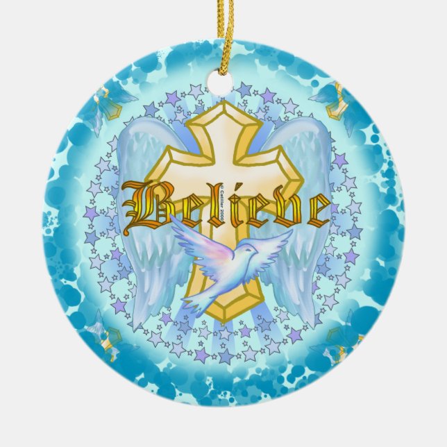 Believe Gold Christian Cross Ornament (Front)