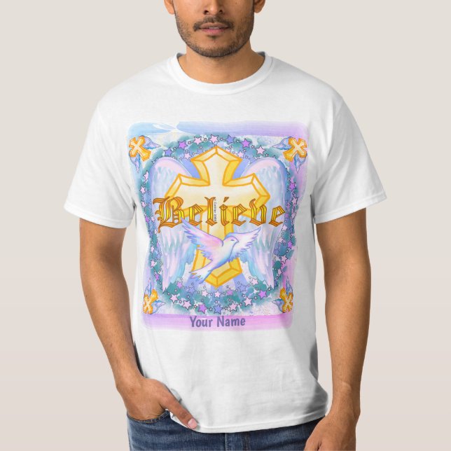 Believe Gold Christian Cross  T-Shirt (Front)