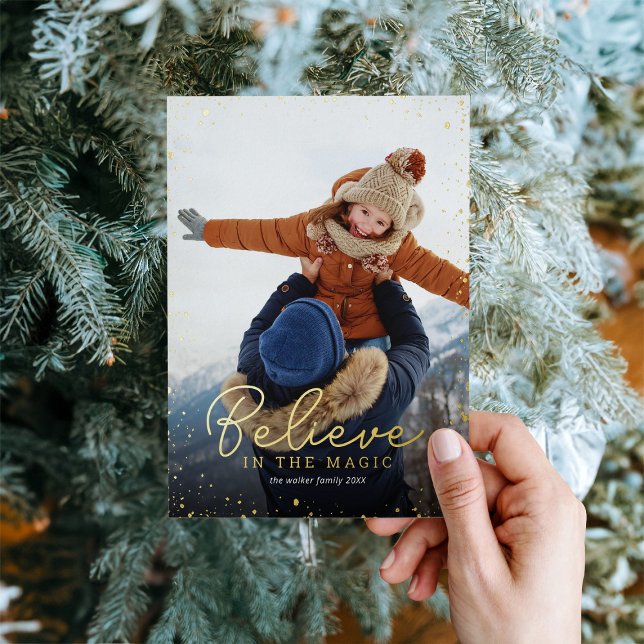 Believe | Gold Glitz Photo Overlay Foil Holiday Card (Creator Uploaded)