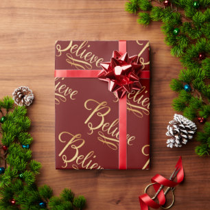 Believe Gold Red Christmas Holiday Elegant Script Wrapping Paper