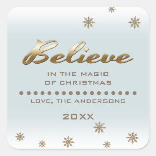 Believe. Gold Script and Snowflakes Christmas  Square Sticker